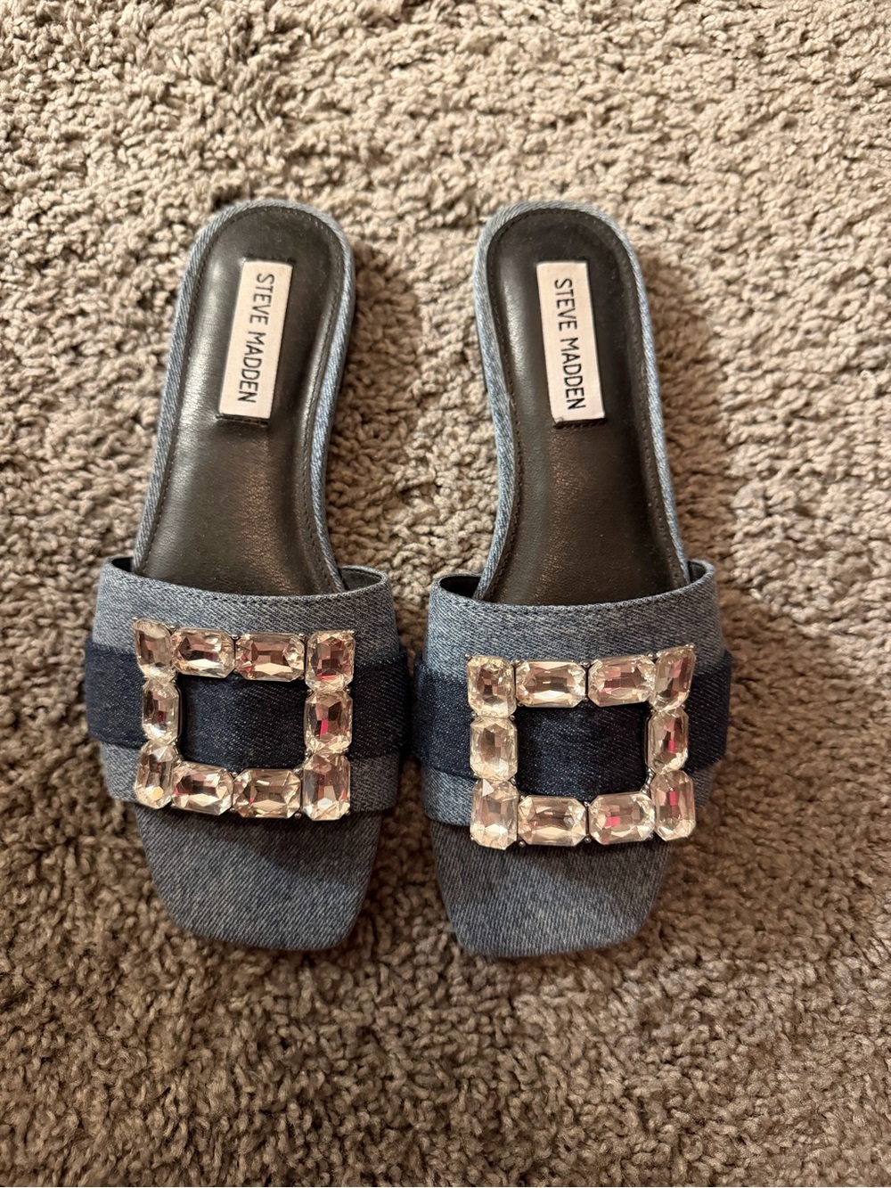 Steve Madden Denim Slide Mules with Crystal Buckle - Dark Blue